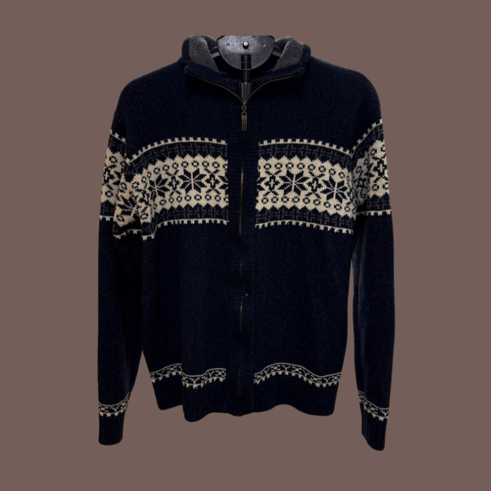 Nordic Fair Isle Sweater | Navy Zip-Up | Size M | Vintage